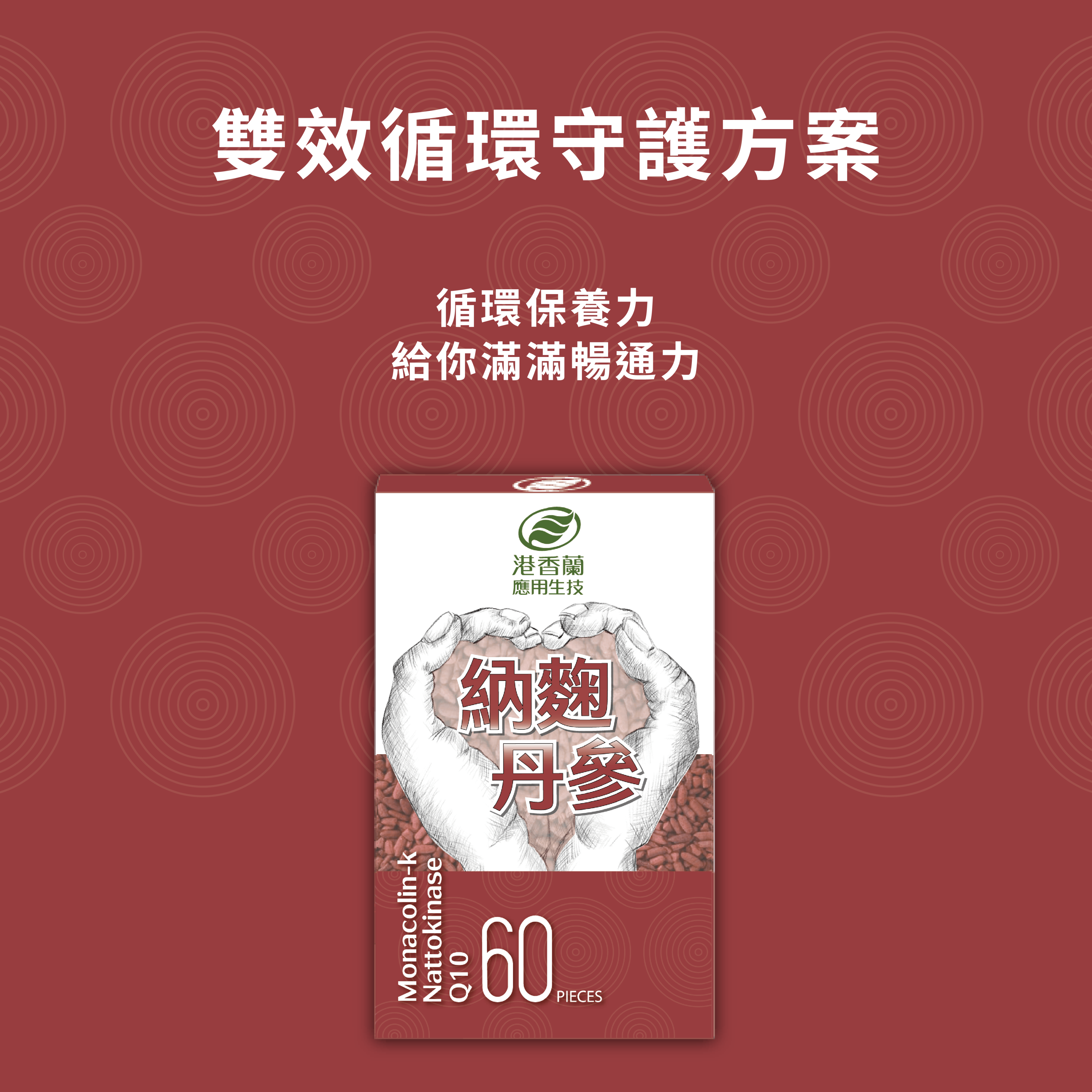一張保健食品的廣告圖，產品為港香蘭應用生技的「納麴丹參」，外盒上標示其主要成分為 Monacolin-k、Nattokinase、Q10，並註明內含 60 顆。